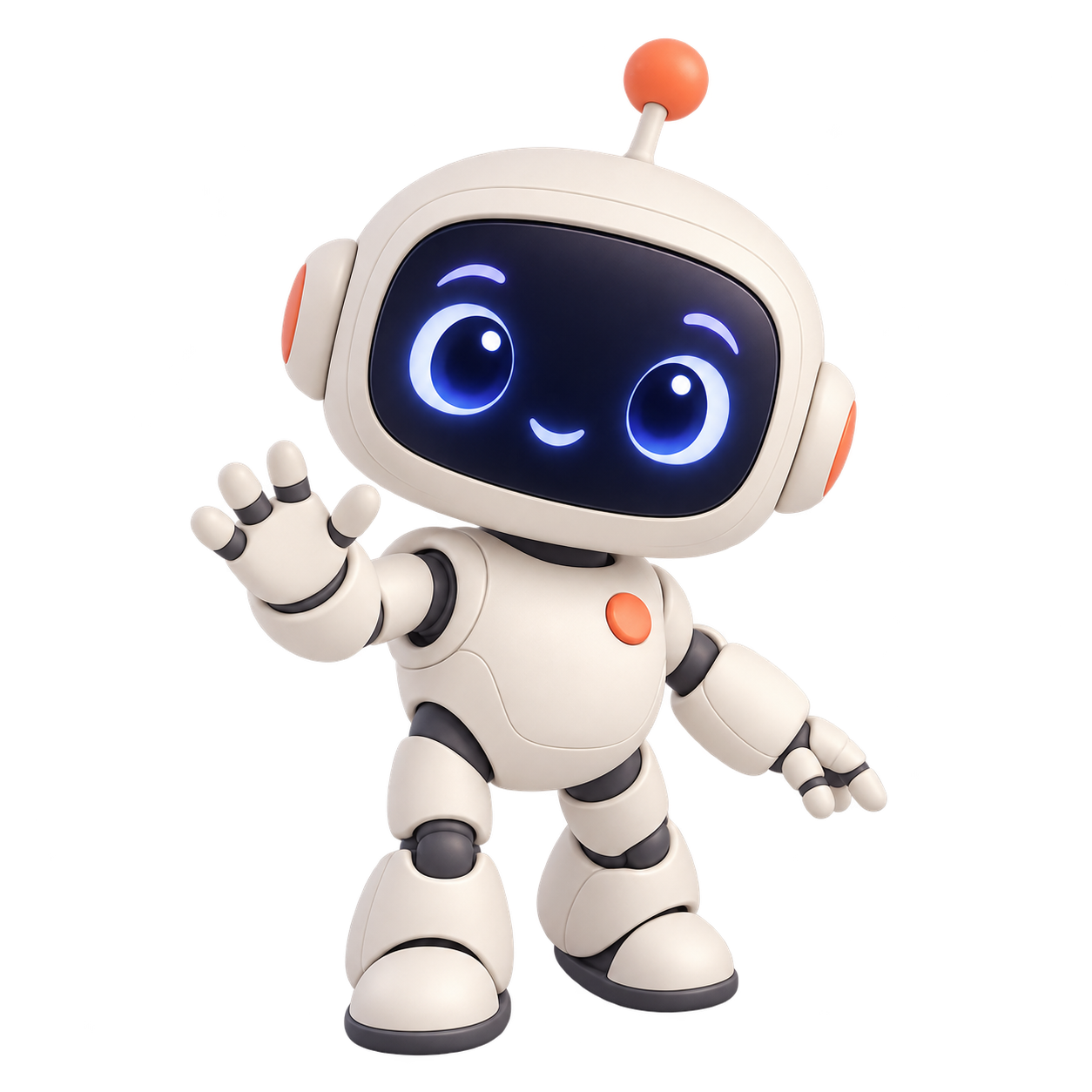 The Workbot mascot: a small white robot with blue eyes, waving hello